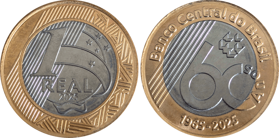 Anverso e reverso da moeda comemorativa de 1 real dos 60 anos do Banco Central do Brasil