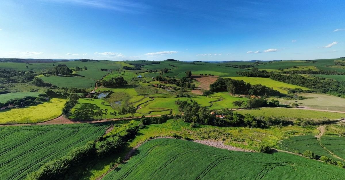 Vista aérea de propriedades rurais com talhões de lavoura, estradas de terra e vegetação preservada