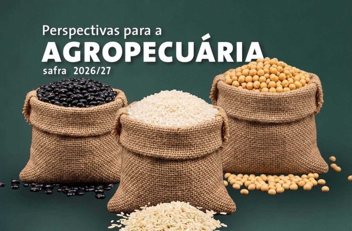 Arte do estudo Perspectivas para a Agropecuária safra 2026/27 com sacos de feijão, arroz e soja