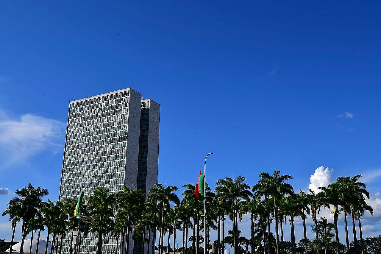 Torres do Congresso Nacional vistas atrás de palmeiras imperiais, em Brasília