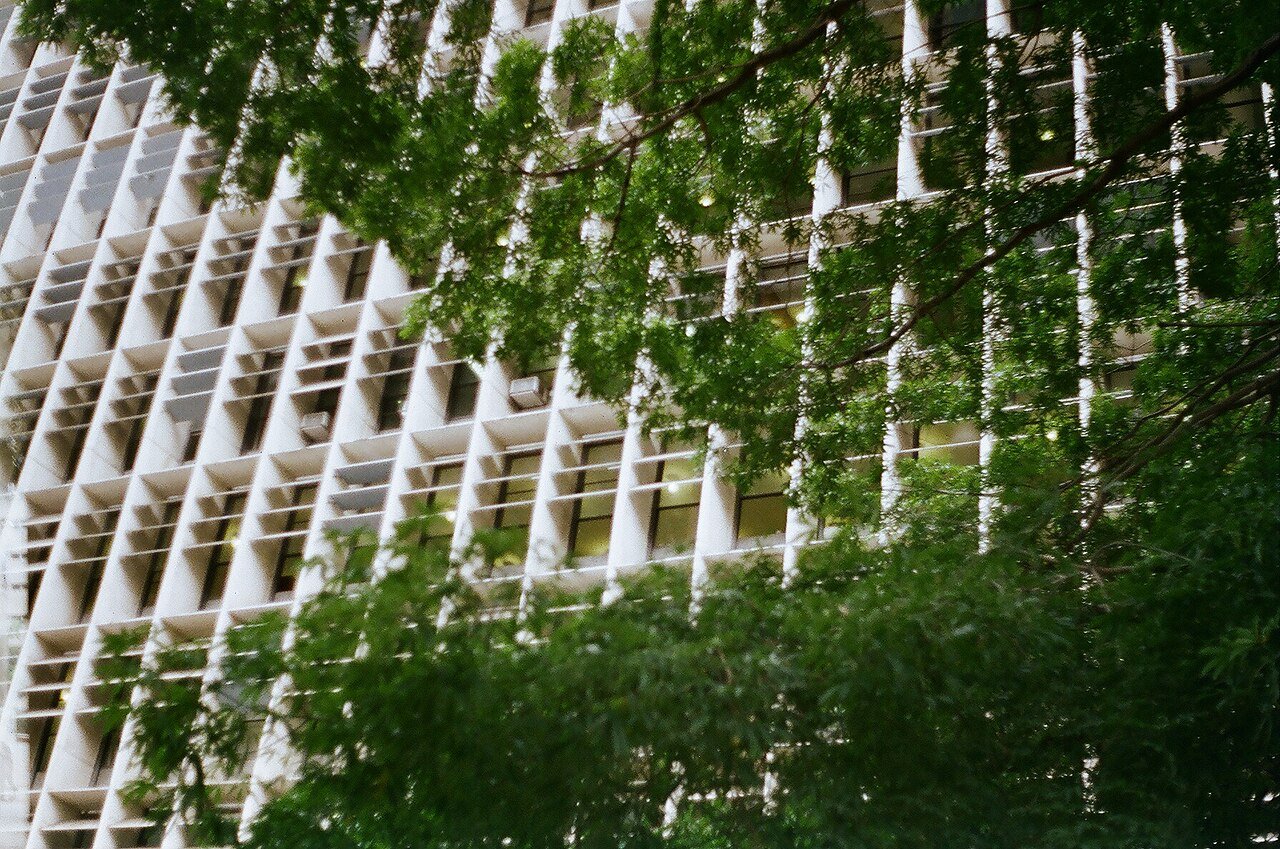Fachada modernista do Palácio Gustavo Capanema vista entre árvores