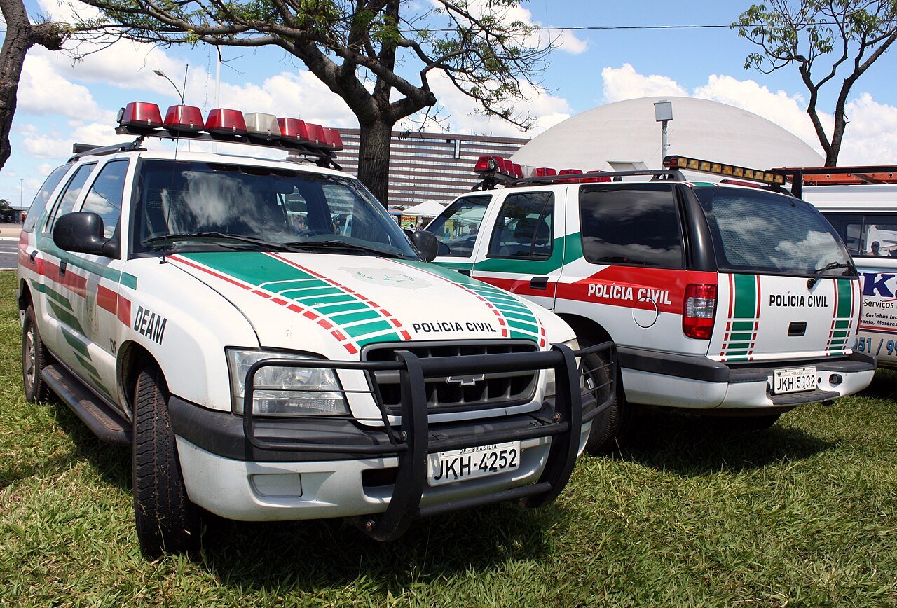 Viaturas da Polícia Civil, uma delas identificada como DEAM, estacionadas em área gramada