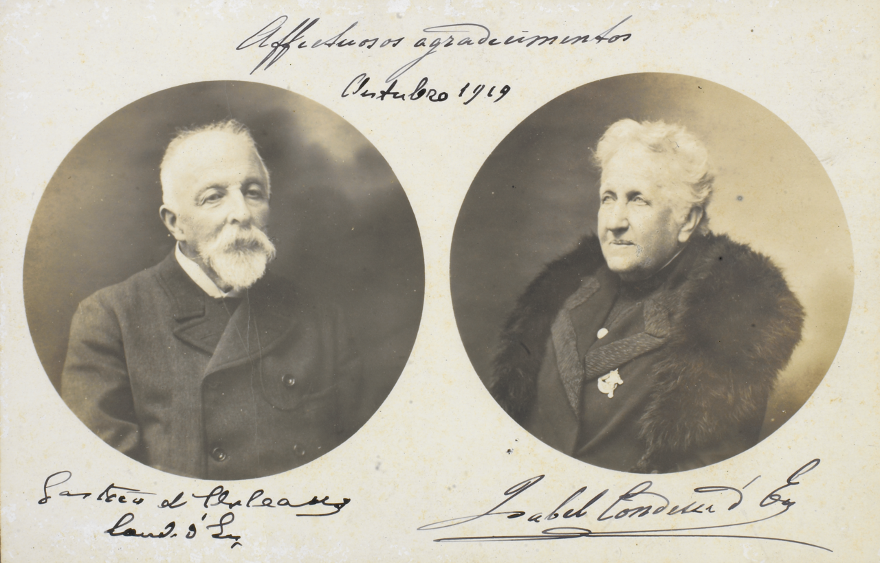 Retrato fotográfico duplo do conde d'Eu e da princesa Isabel, com dedicatória manuscrita datada de outubro de 1919