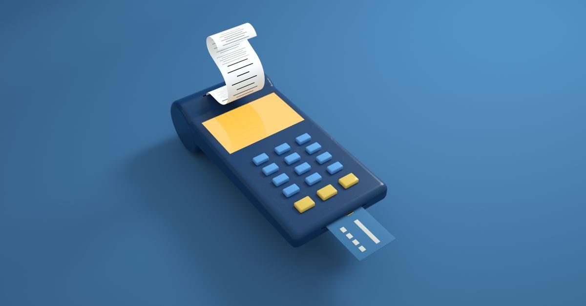 Maquininha de cartão emitindo comprovante de pagamento, em ilustração sobre documentos fiscais